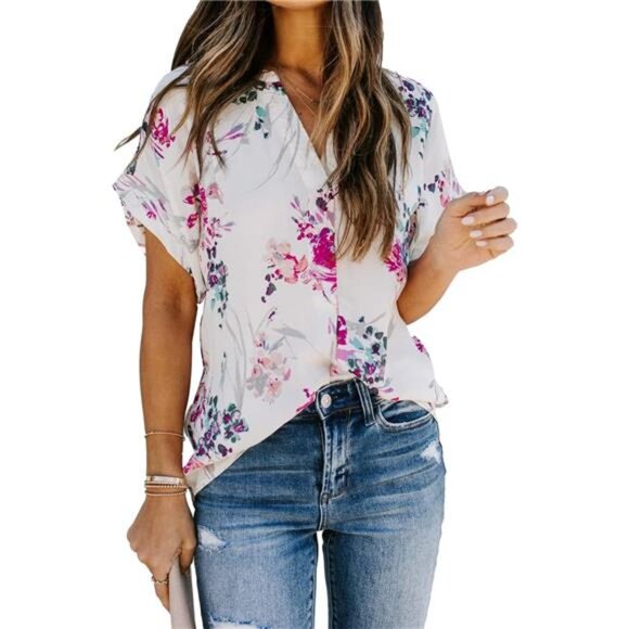 Women Summer Casual Split V Neckline Chiffon Blouses Loose TunicShort SleeveTops - Picture 1 of 6